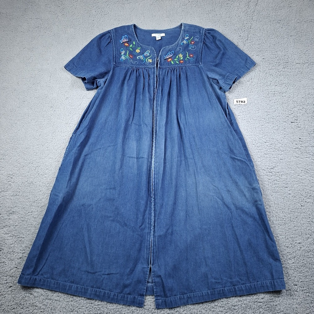Go Softly Patio House Dress L Blue Floral Embroidered Boho Pockets Full Zip Easy